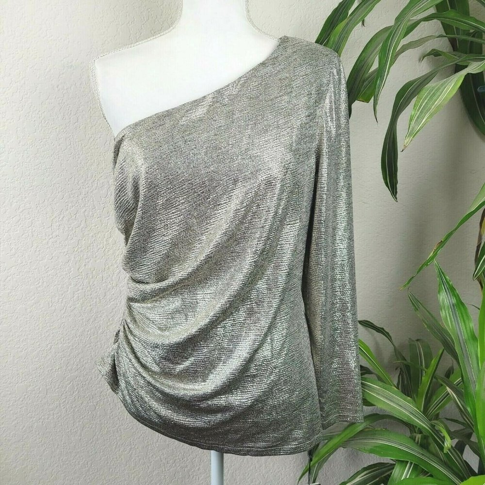 Adrianna Papell Foil One Shoulder Blouse Evening Wear Sz 16 Metallic Ruched Side